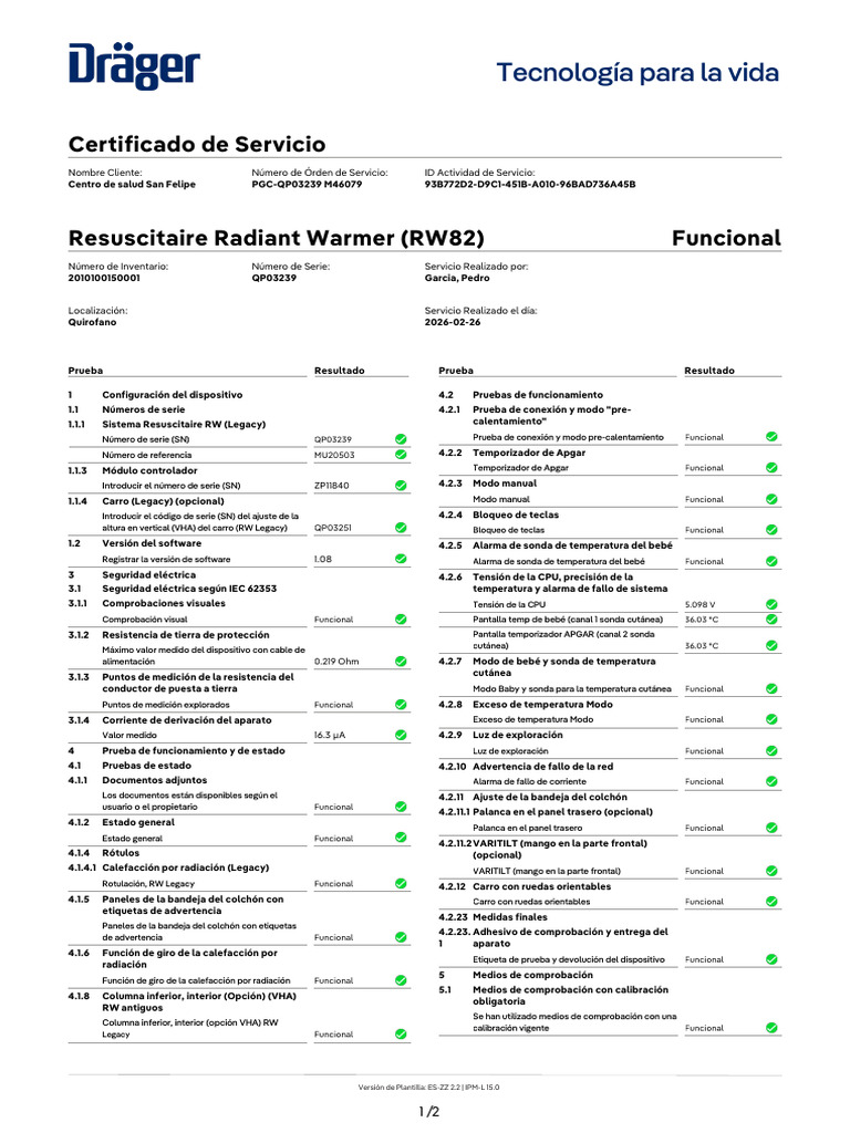 ServiceCertificate ResuscitaireRadiantWarmer (RW82) QP03239 2026-03 ...