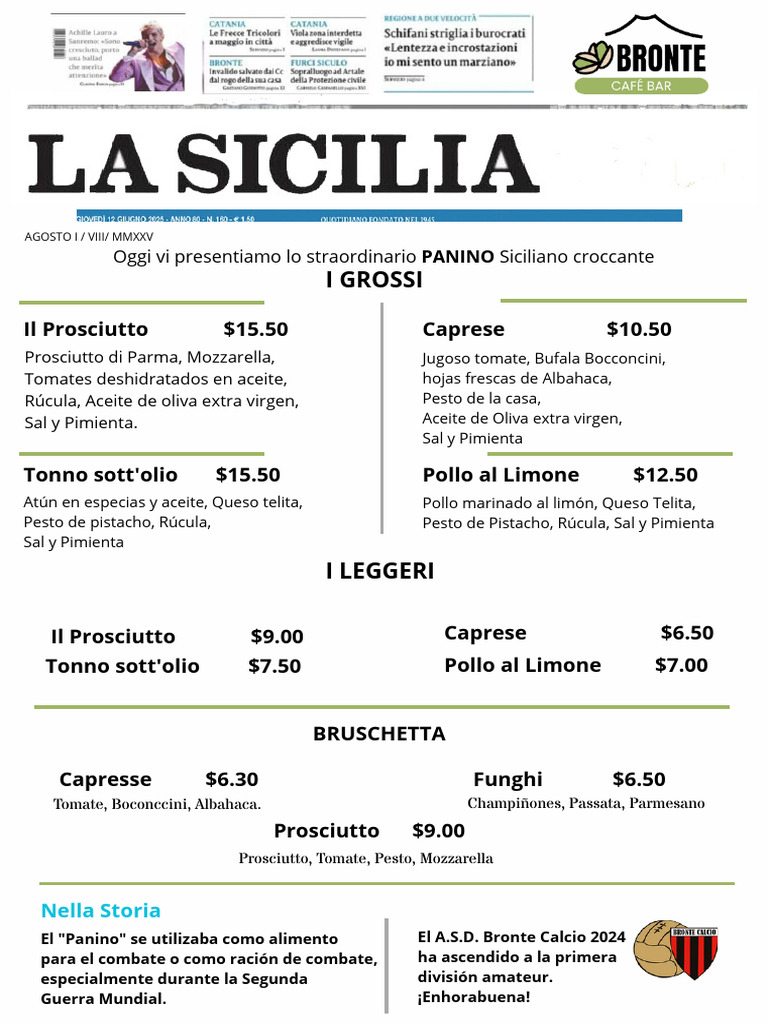 Menú 1 Bronte Agosto25 Bilingue | PDF | pesto | Eruca Sativa