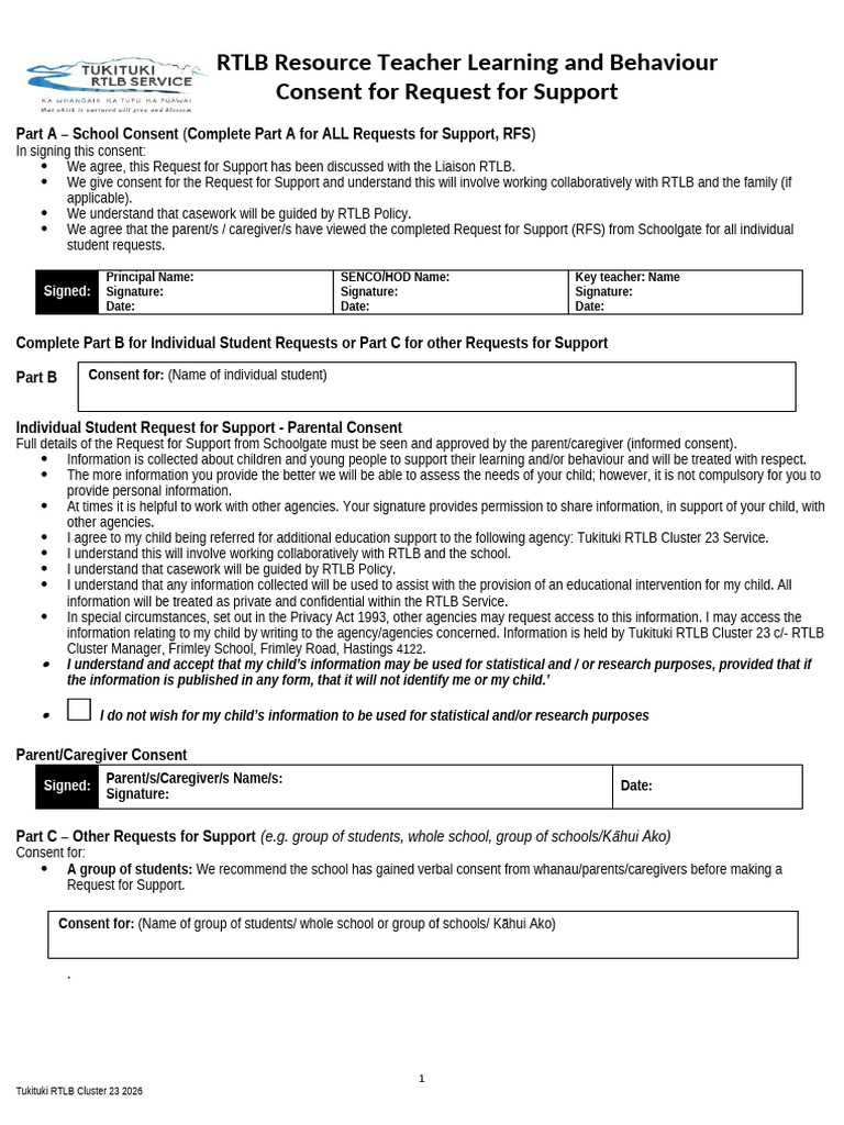 RTLB Consent Form Group (1) | PDF | Human Life Stages | Behavioural ...