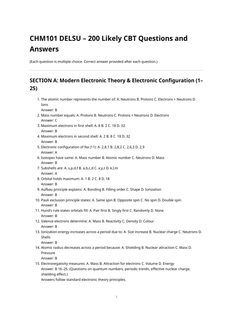 Chm101 Delsu 200 CBT Questions | PDF | Chemical Polarity | Chemical Bond