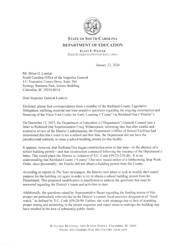 OIG Investigation Letter Request From SCDE | PDF | Justice | Crime ...