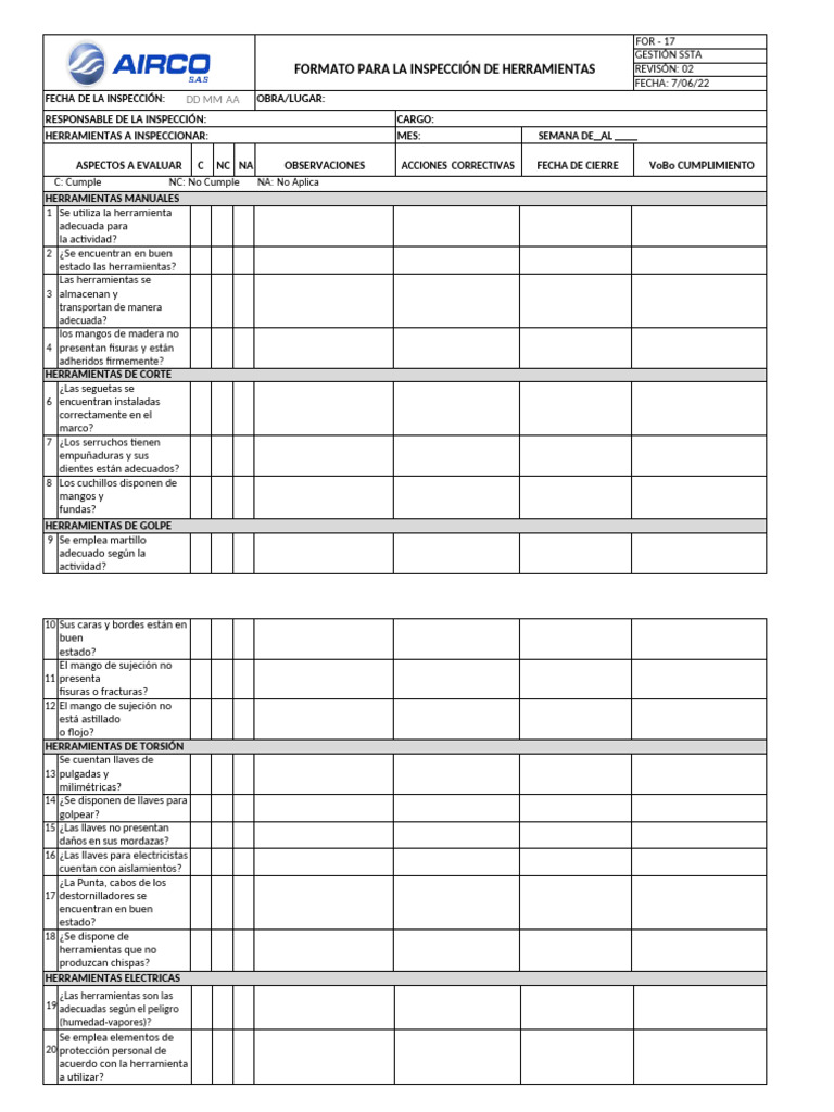 Formato Inspeccion de Herramientas | PDF | Herramientas | Bienes ...