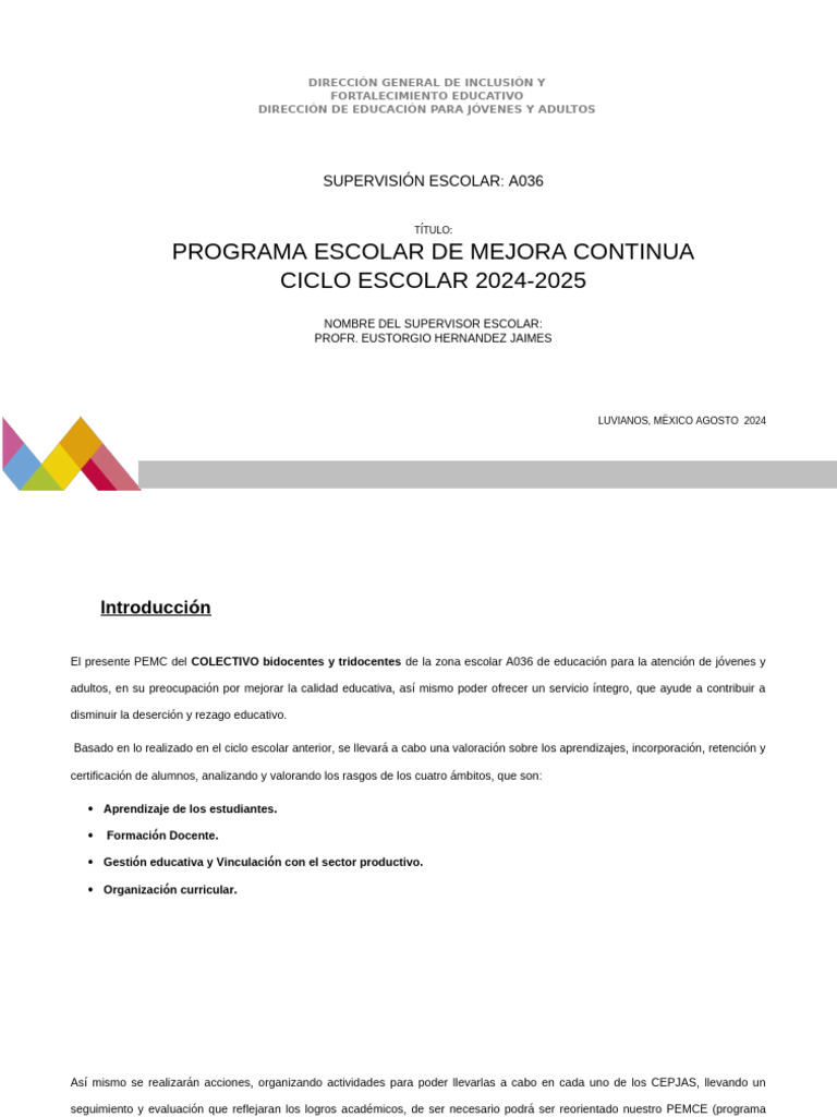 Programa Escolar de Mejora Continua CICLO ESCOLAR 2024-2025 ...