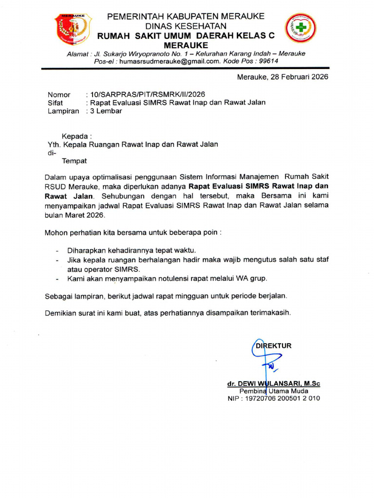 Surat Undangan Rapat Evaluasi Simrs Ranap Dan Rajal Bulan Maret 2026 | PDF