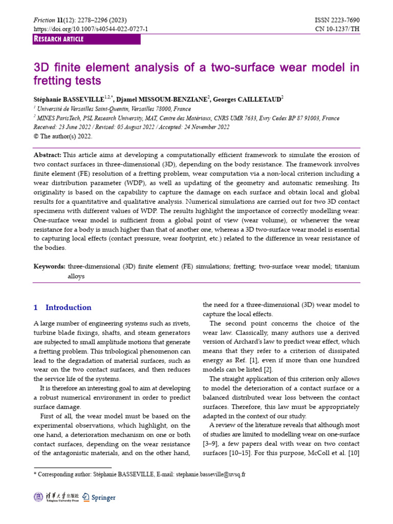 3D Finite Element Analysis of A Two-Surface Wear Model in | PDF | Wear ...