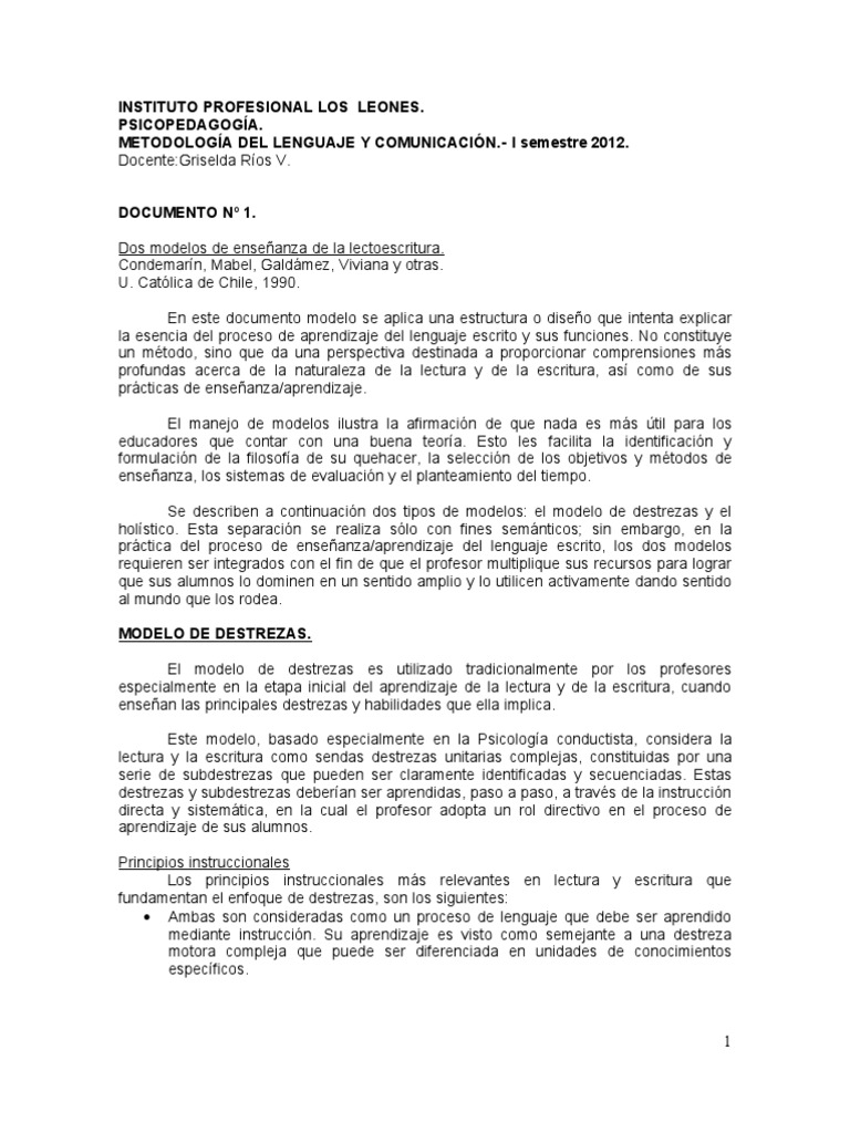 MODELOS DESTREZAS Y HOLÍSTICO - Doc2012. | PDF Lectura |