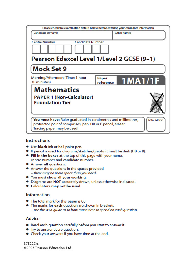 GCSE Maths Mock Set 9 1MA1 - 1F Question Paper | PDF | Mathematics