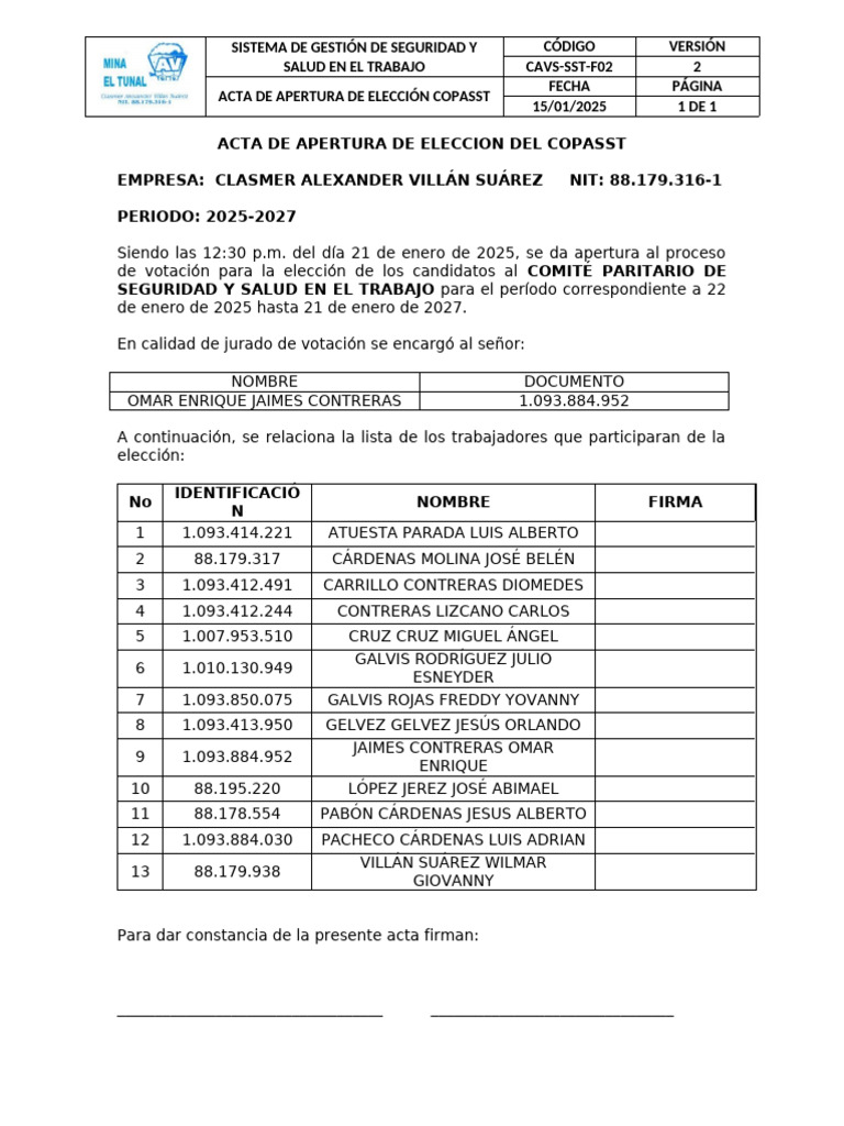 Acta de Apertura de Eleccion Del Copasst | PDF | Gobierno