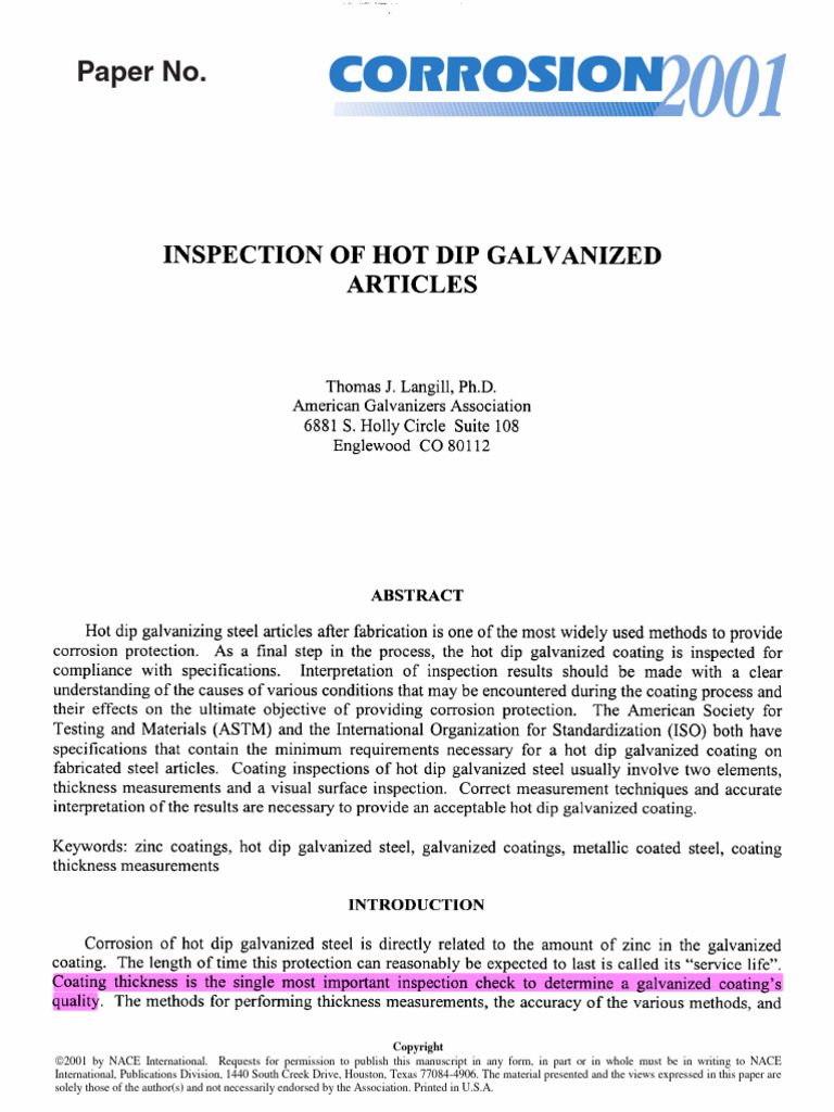 Paper No. 01428 - Inspection of Hot Dip Galvanized Articles | PDF ...