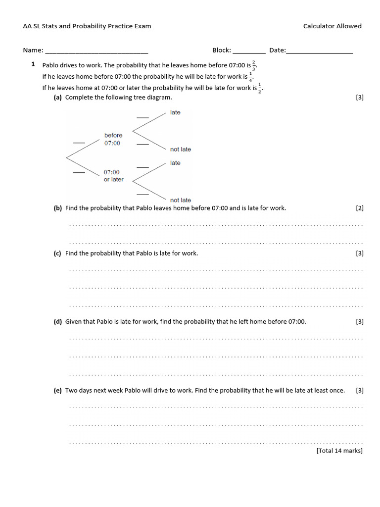 AA SL Stats and Probability Practice Exam | PDF | Probability Theory ...