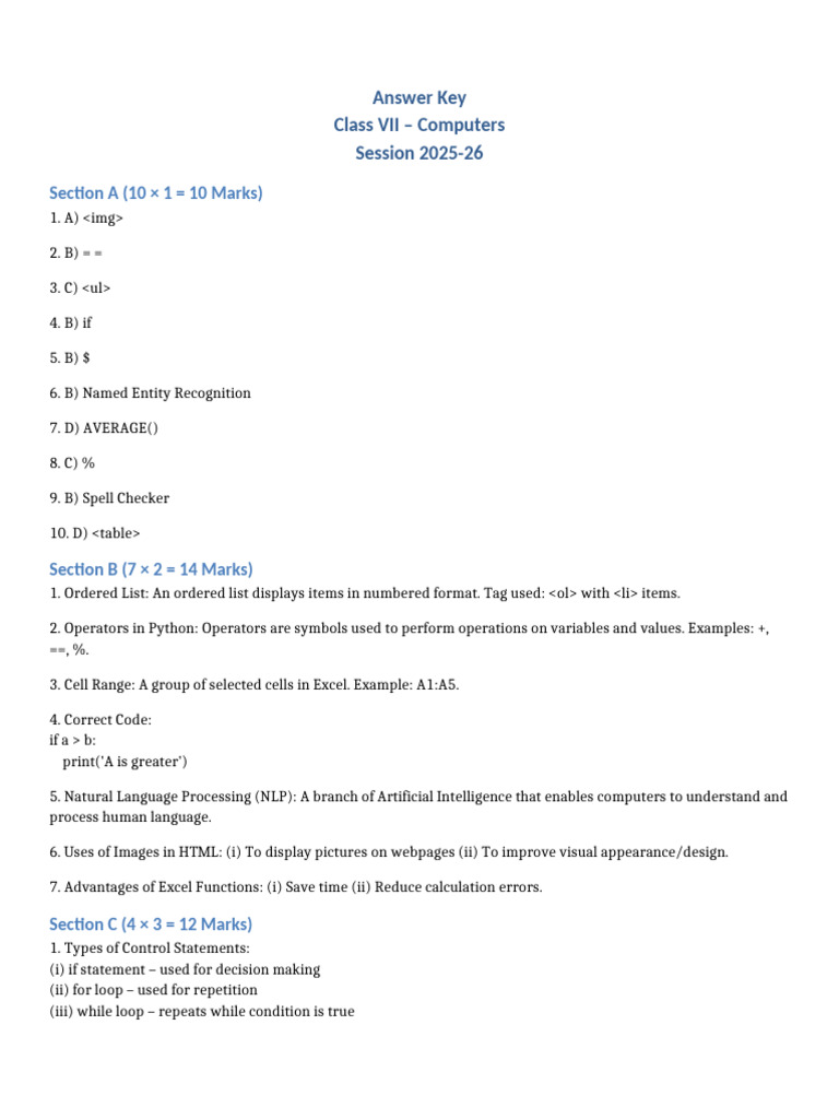 Class VII Computers Sample Paper Answer Key | PDF