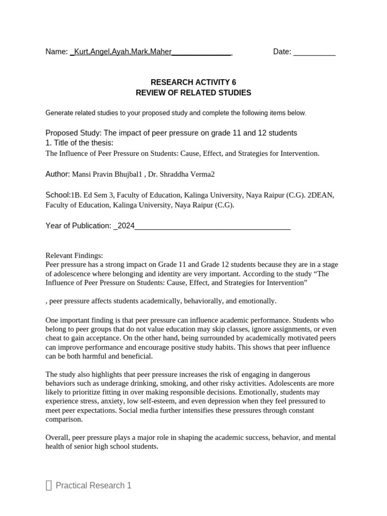 Research Activity 6 Review of Related Studies | PDF | Adolescence ...