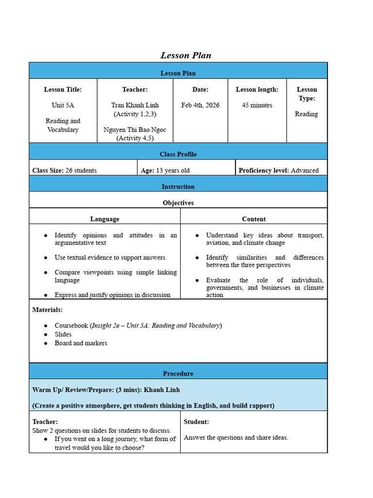 Lesson Plan - UNIT 5A - 8A1 | PDF | Lesson Plan | Knowledge