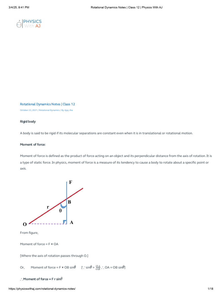 Rotational Dynamics Notes - Class 12 - Physics With BP Sir | PDF