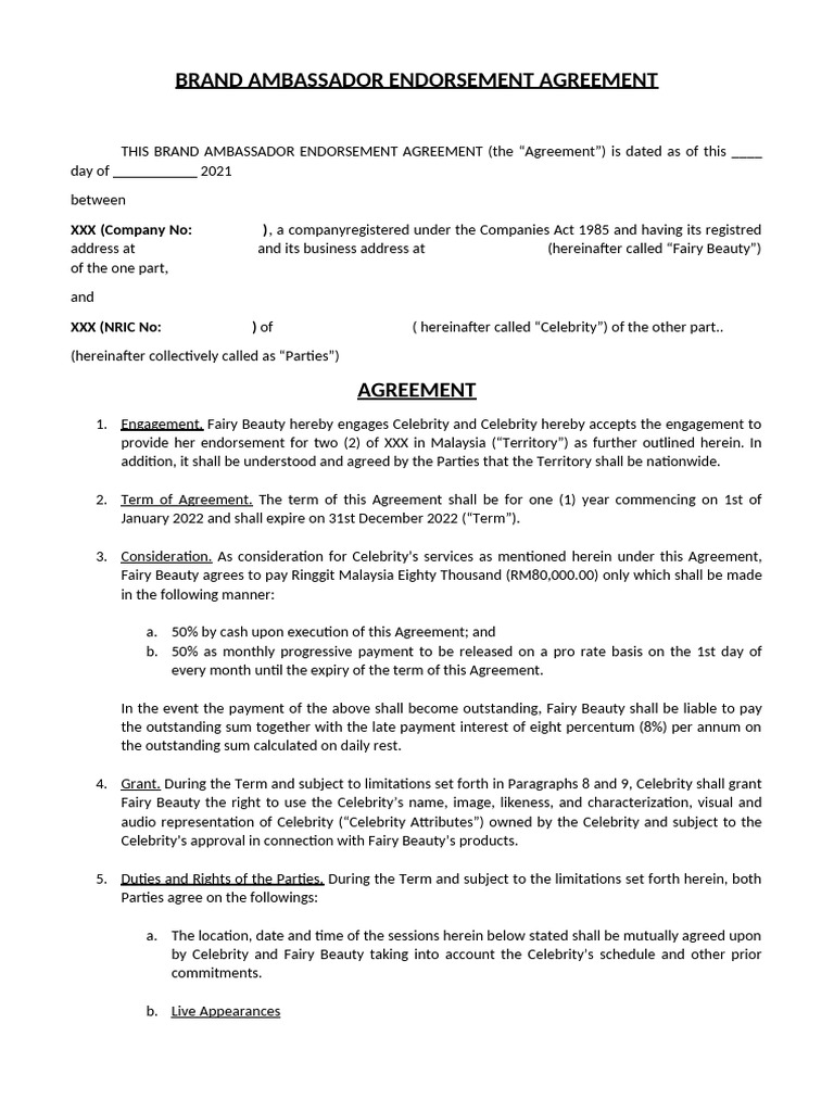 AMBASSADOR AGREEMENT TERMS (FHCamended) Clean | PDF | Common Law ...