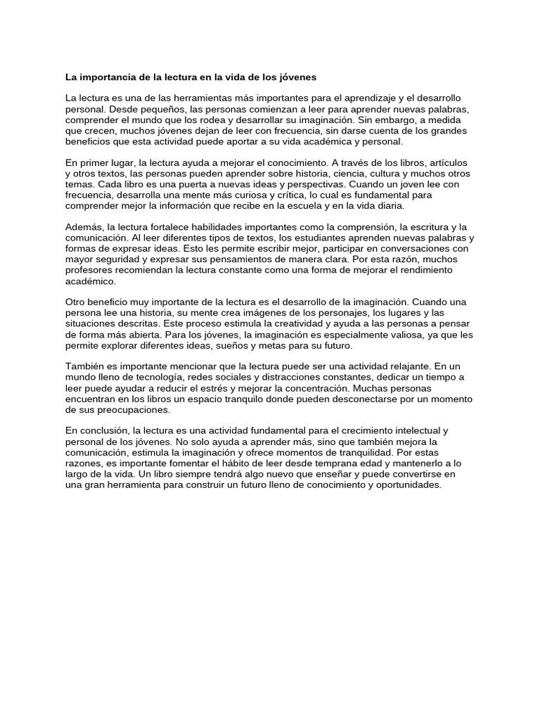 La Importancia de La Lectura en La Vida de Los Jóvenes | PDF ...