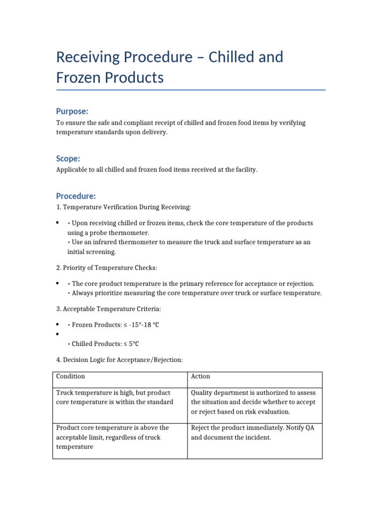 Receiving Procedure Chilled Frozen | PDF