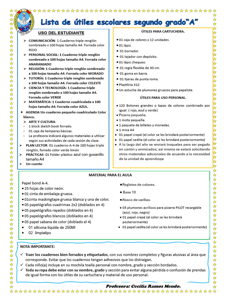 PDF Lista de Útiles de 2do Grado A Listo | PDF | Materiales de ...