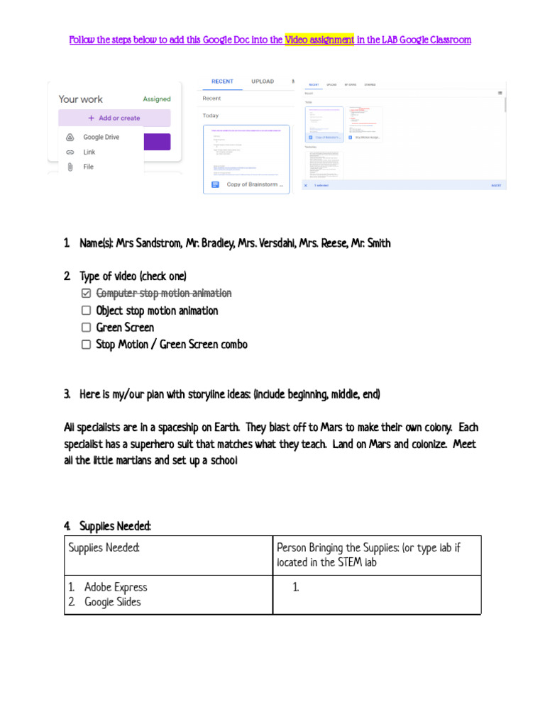 EXAMPLE Stop Motion _ Green Screen Video Brainstorm | PDF