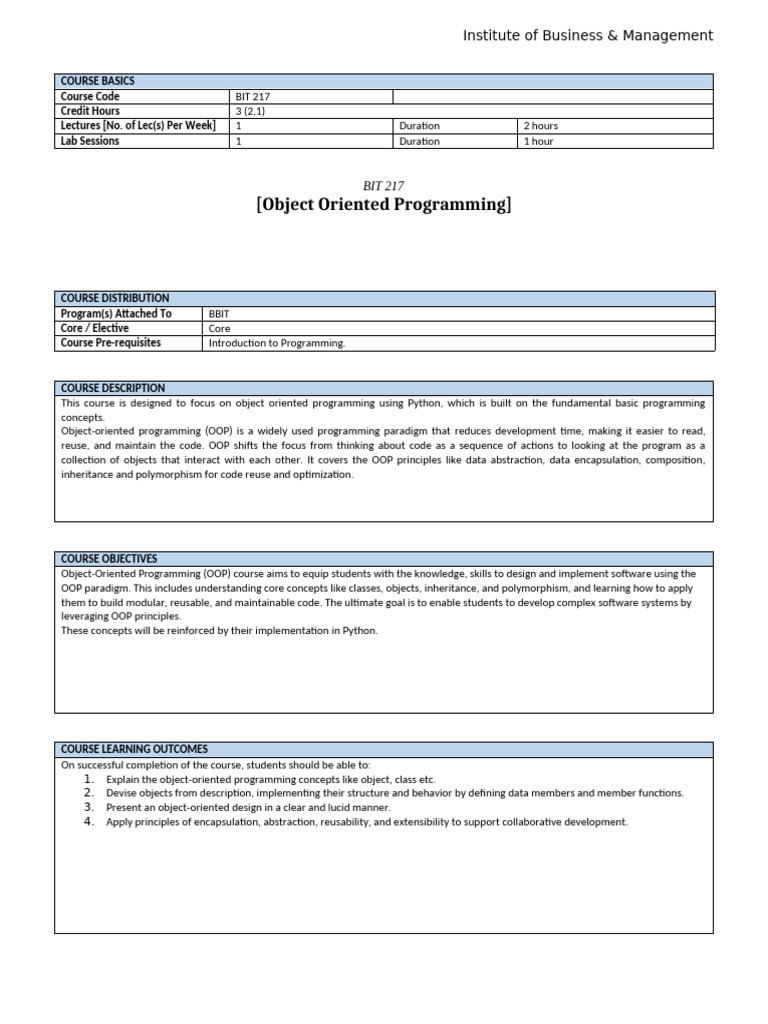 Object Oriented Programming - Course Outline - Anum Liaquat | PDF ...
