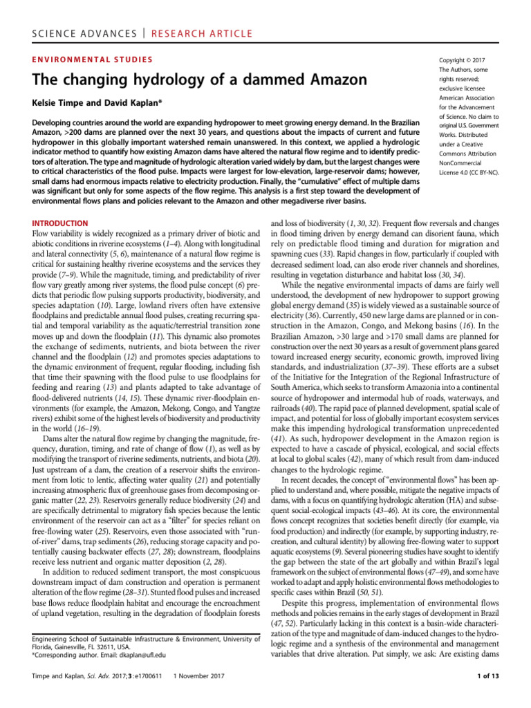 1 the Changing Hydrology of a Dammed Amazon | PDF | Floodplain | River