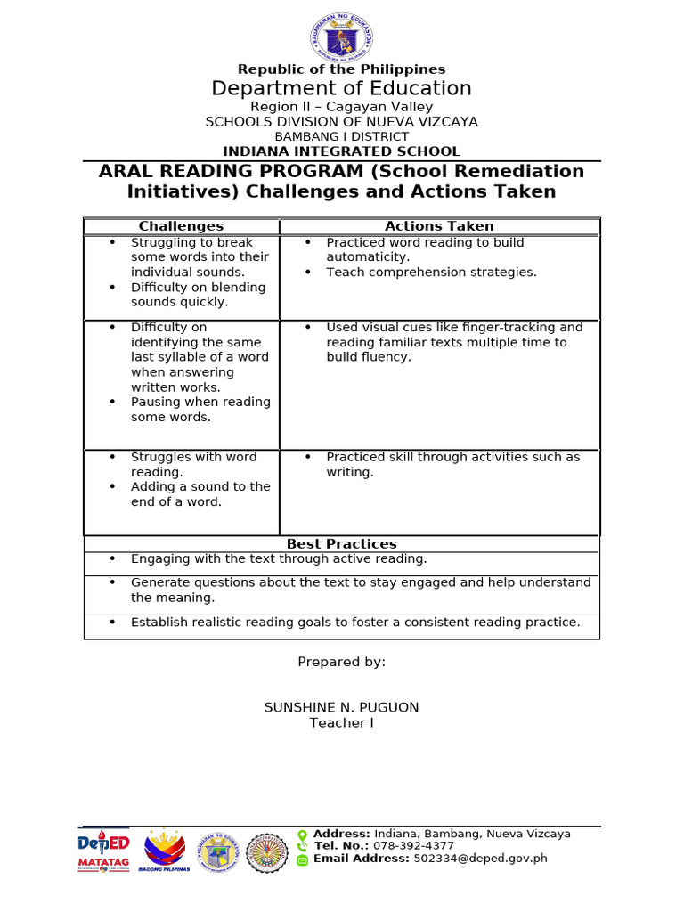 ARAL Reading Program Challenges and Actions Taken | PDF