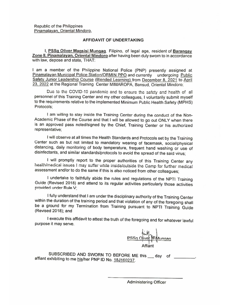 PSSG Mungag, Affidavit of Undertaking | PDF