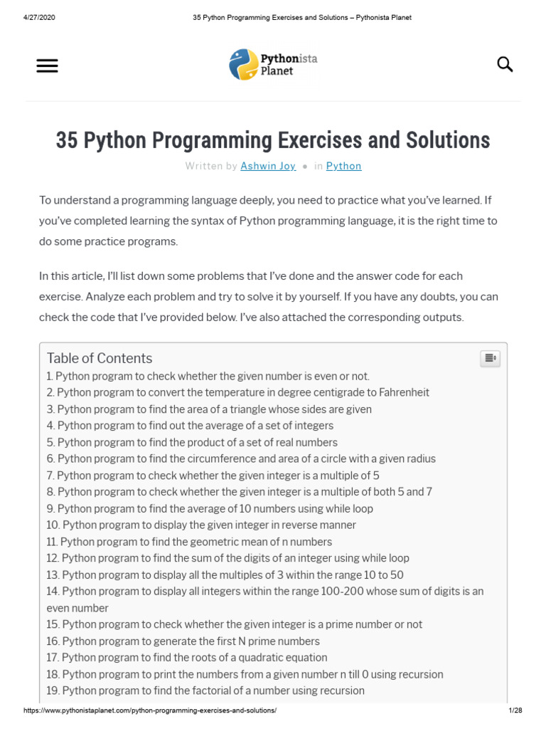 35 Python Programming Exercises. | PDF | Numbers | Python (Programming ...
