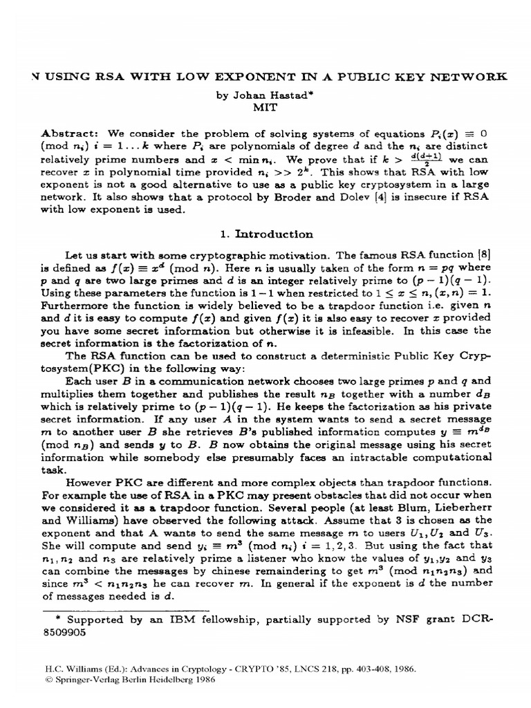 On Using Rsa With Low Exponent in A Public Key Network | PDF | Discrete ...