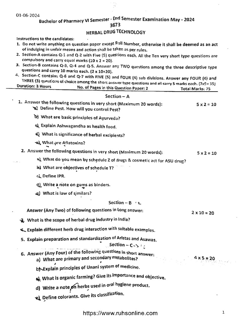 Bpharmacy 6 Sem Herbal Drug Technology 3673 May 2024 | PDF