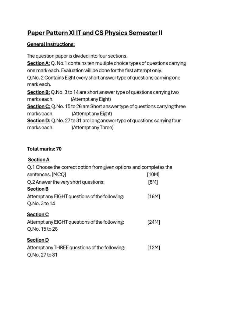 XI IT and CS Physics Portion & Paper Pattern Sem II | PDF
