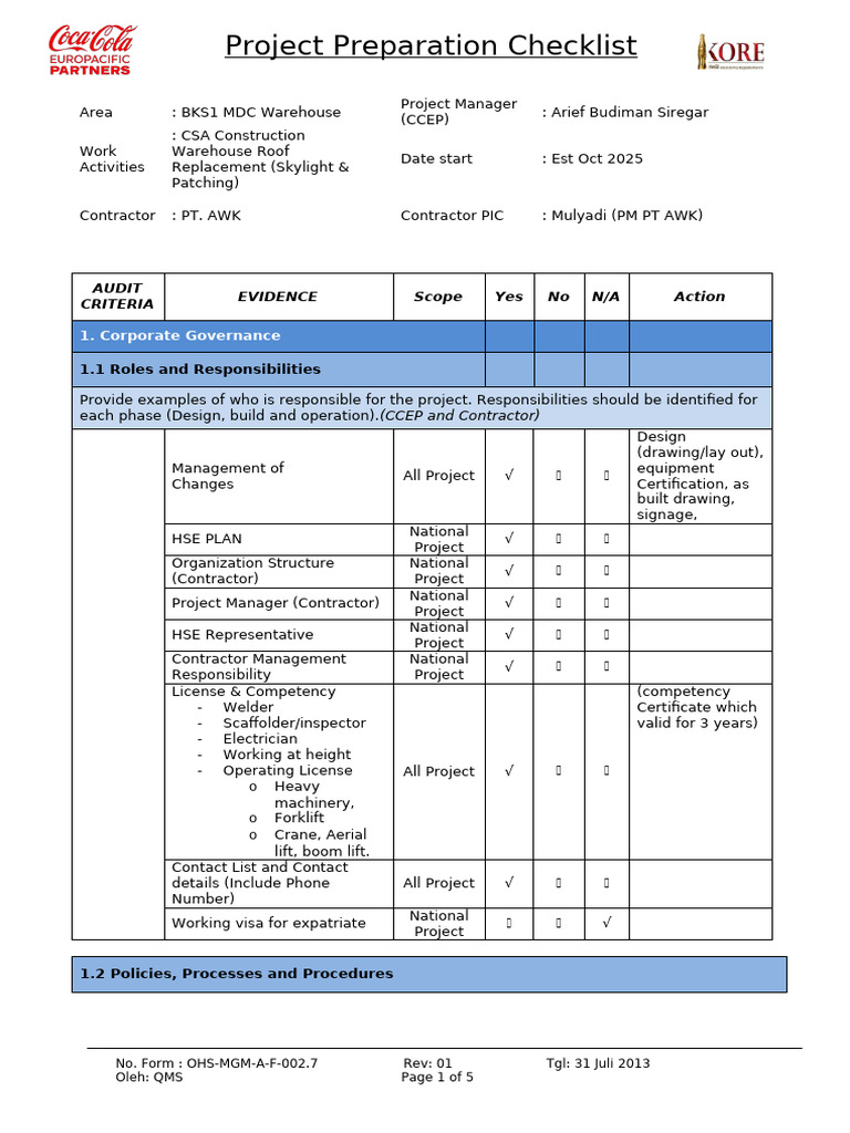 Mgm002 7 Project Preparation Checklist 10 20 2025 | PDF | Working ...