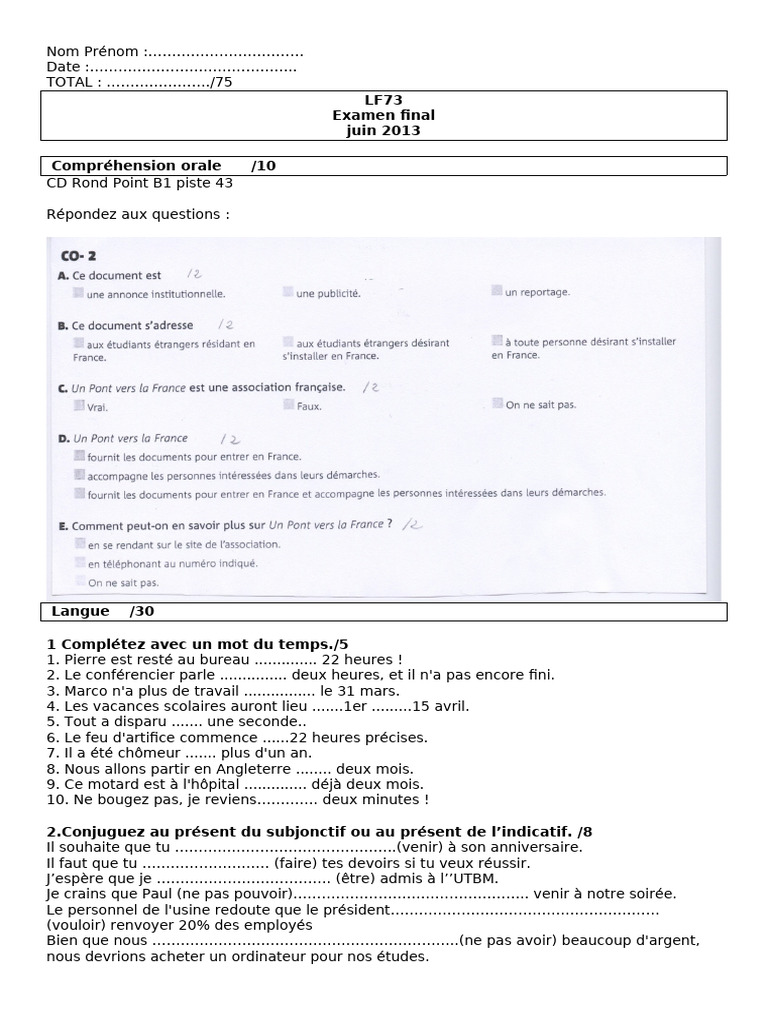LF73 Examen Final Juin 2013 Compréhension Orale /10 | PDF