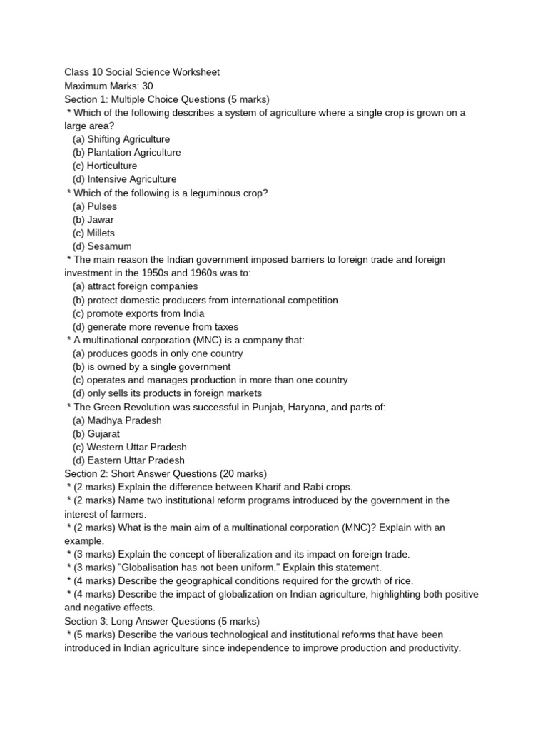 Class 10 Social Science Worksheet 2 | PDF