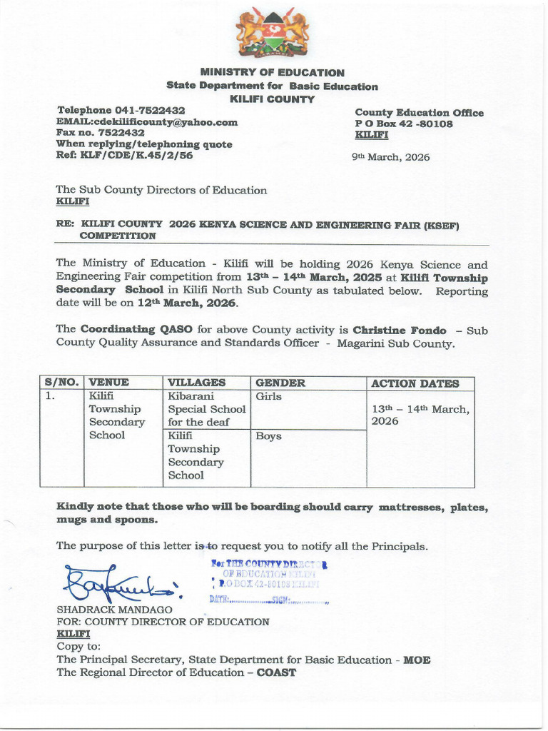 Kilifi County 2026 Kenya Science and Engineering Fair (Ksef) Scdes ...