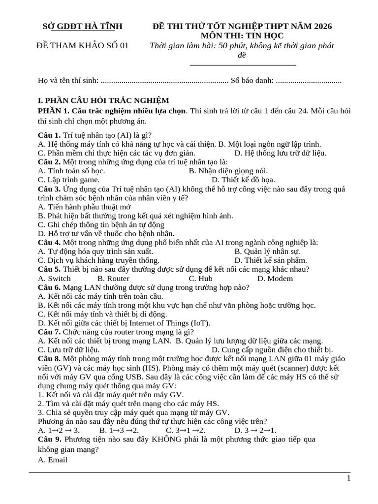 De 01 - Tin học | PDF