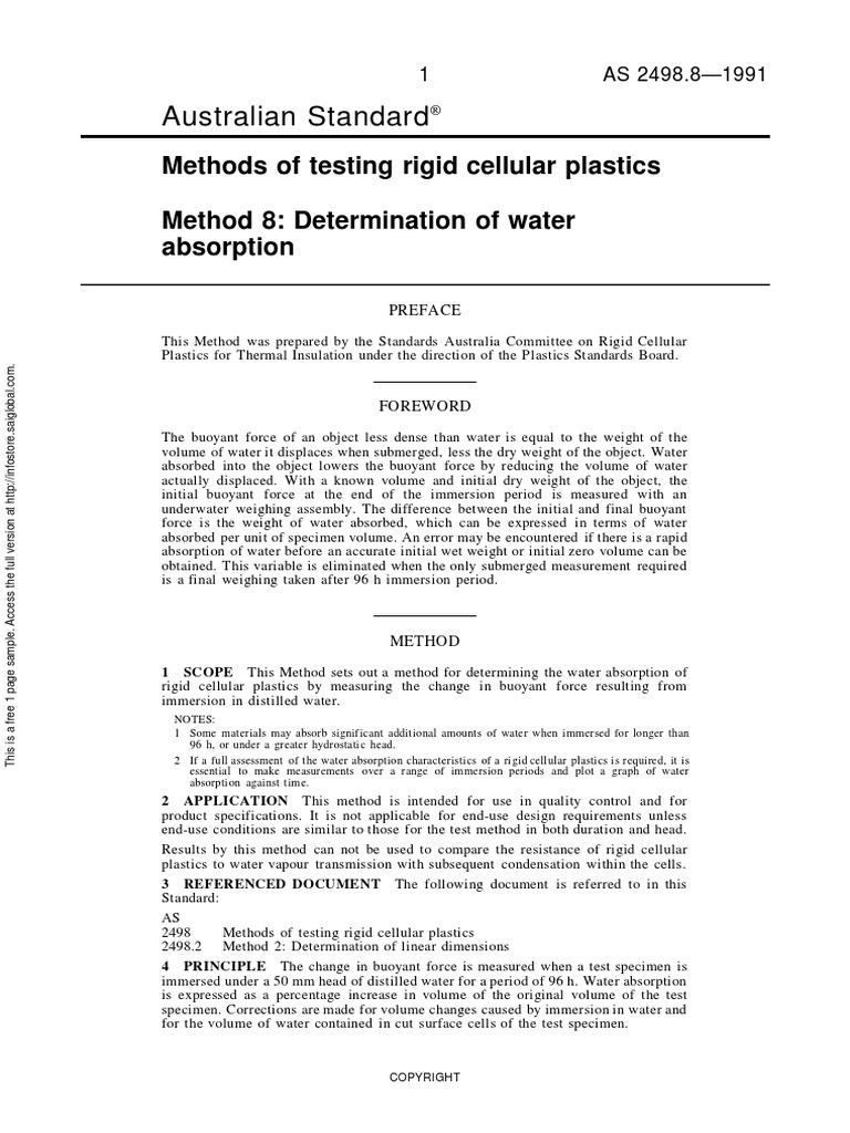 As 2498.81991 Methods of Testing Rigid Cellular Plastics Determination of Water Absorption