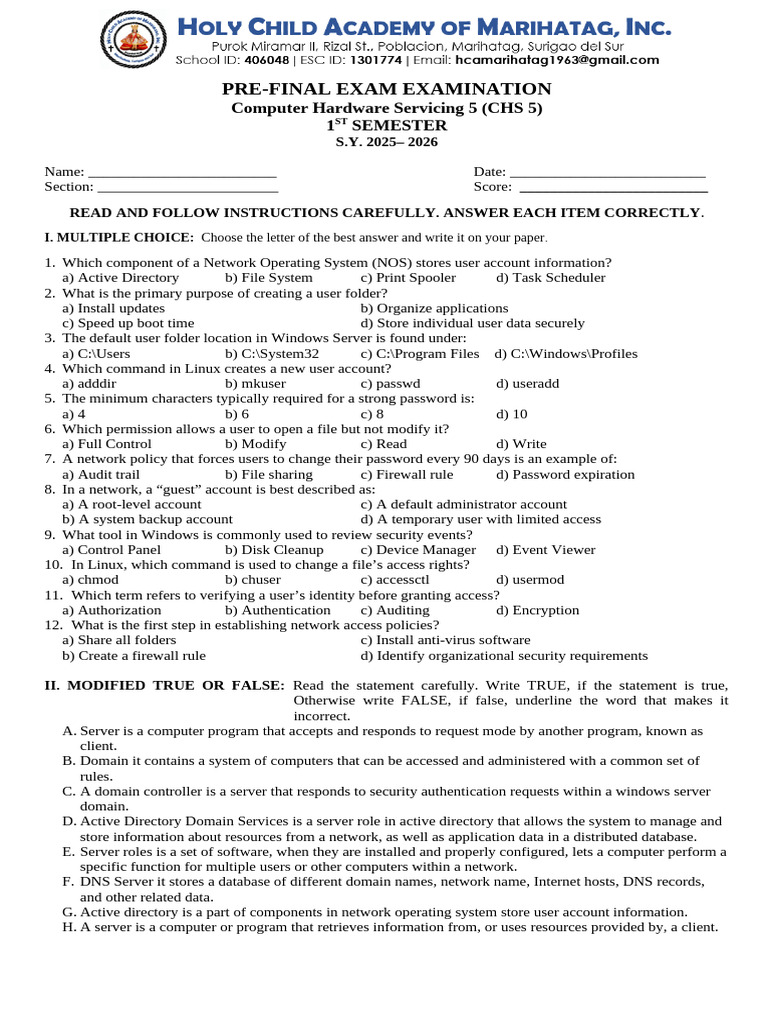 Css - 5 Pre Final Examination | PDF | Active Directory | Server (Computing)