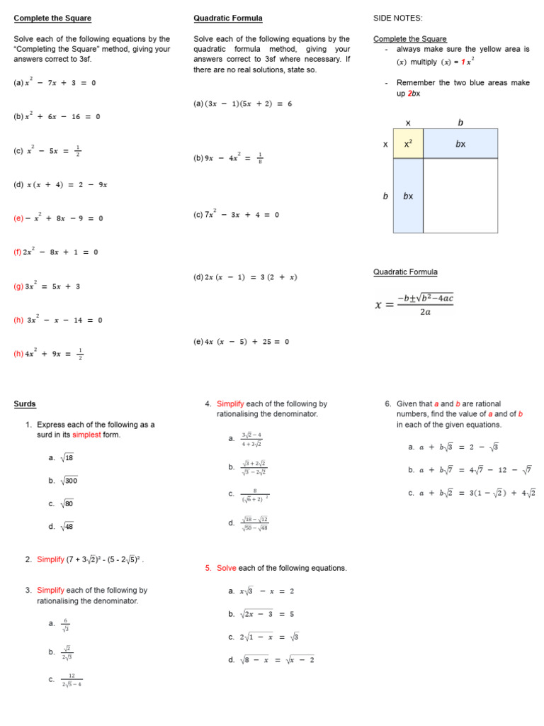 Complete SQ, Formula, Surds | PDF | Quadratic Equation | Mathematical ...