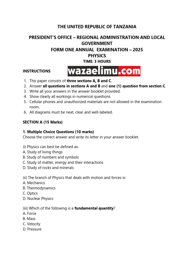 Physics Form One Exam-Disp | PDF | Force | Physics