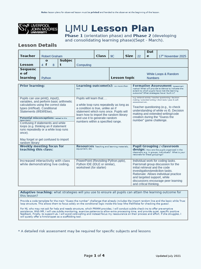 Lesson Plan - Class 9C - 17th November (4 of 4) | PDF | Learning ...