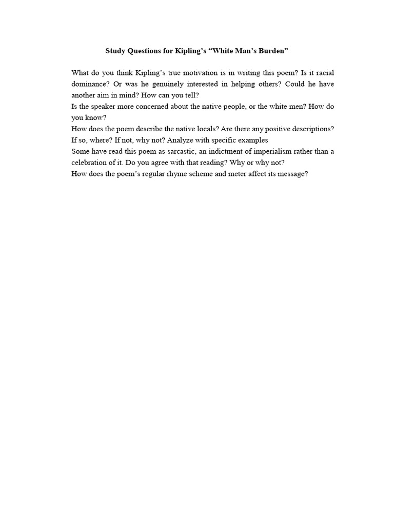 Study Questions For Kipling White Man's Burden | PDF