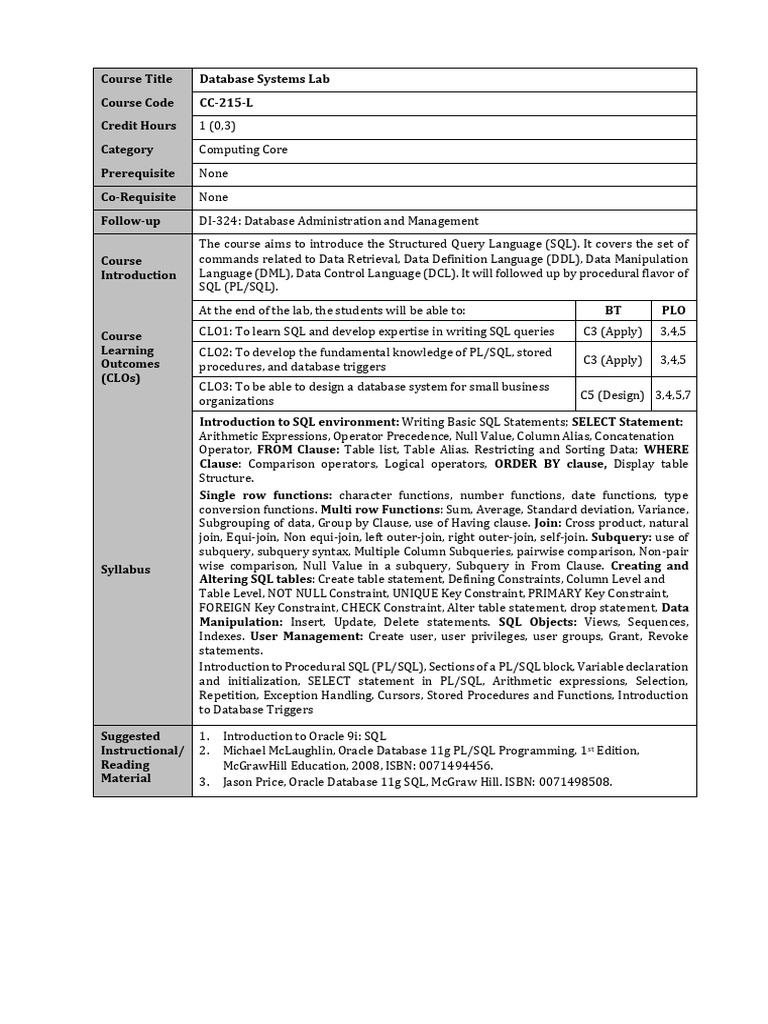 DB Lab | PDF | Sql | Pl/Sql