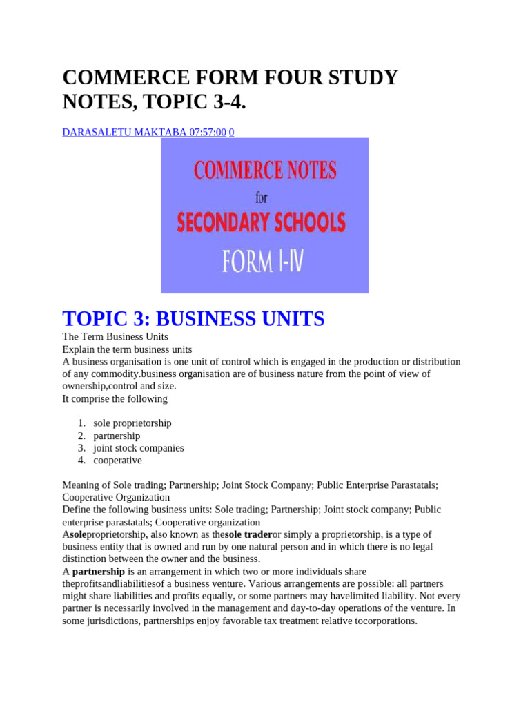 Commerce Form Four Study Notes | PDF | Partnership | Sole Proprietorship