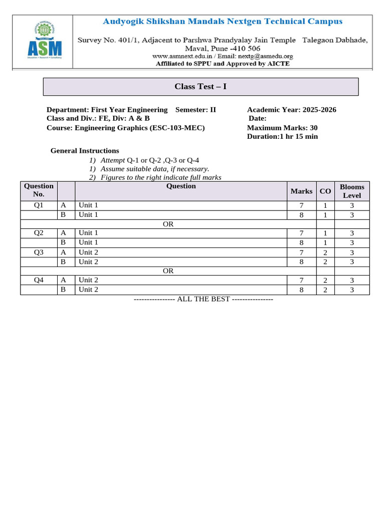 Question Paper Pattern EG UT 1 Que Paper Sem 2 A Y 2025-26 | PDF