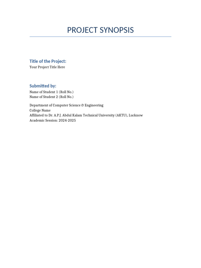 AKTU BTech Project Synopsis Template | PDF