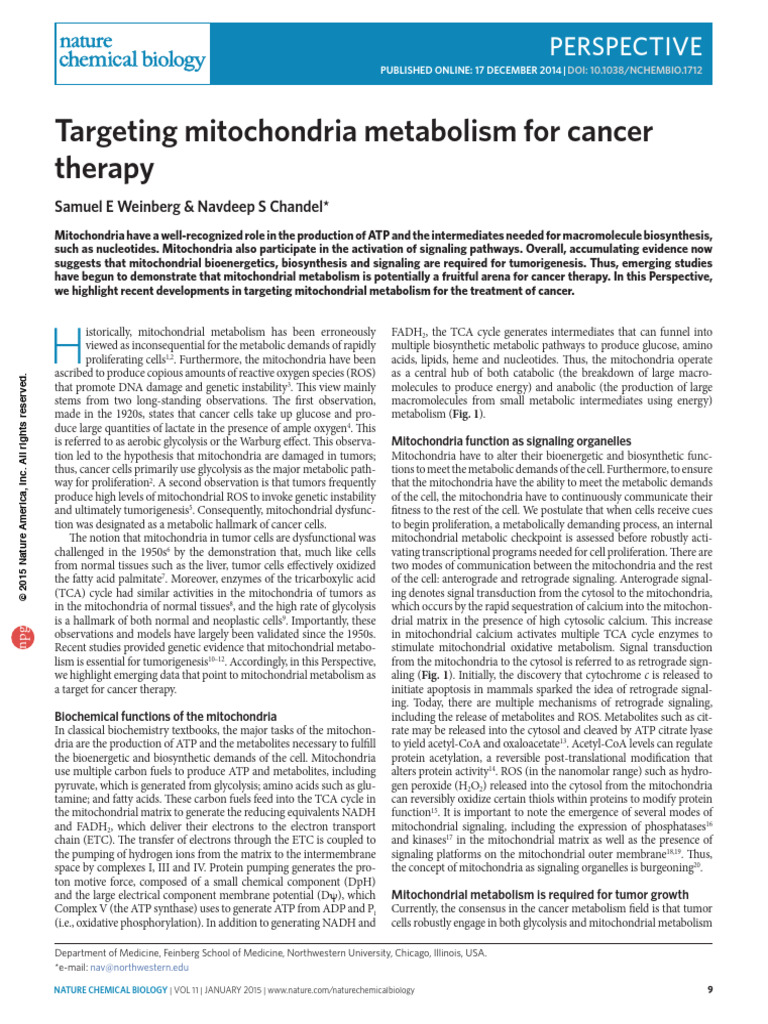 Targeting Mitochondria Metabolism For Cancer Therapy | PDF | Diet ...