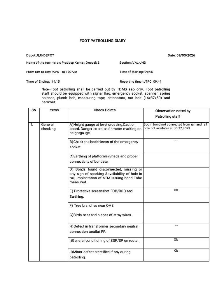 Foot Patrolling Report 93-102 | PDF