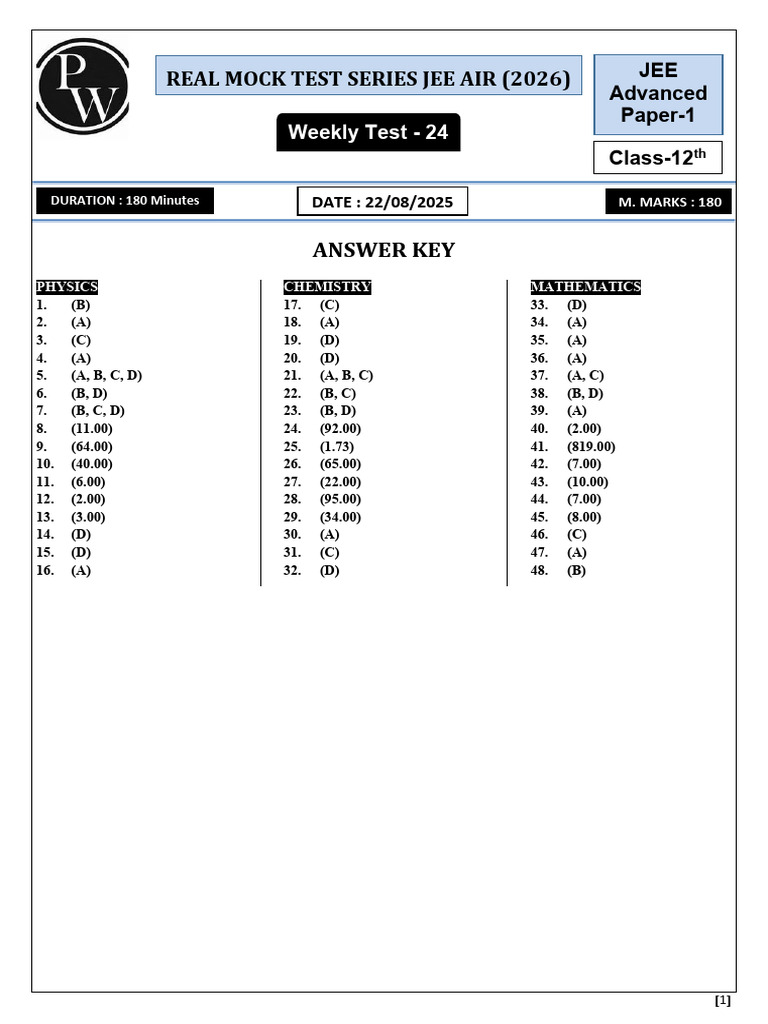 Weekly Test 24 (Paper 01) Hints & Solutions Lakshya JEE AIR O1 (2026 ...