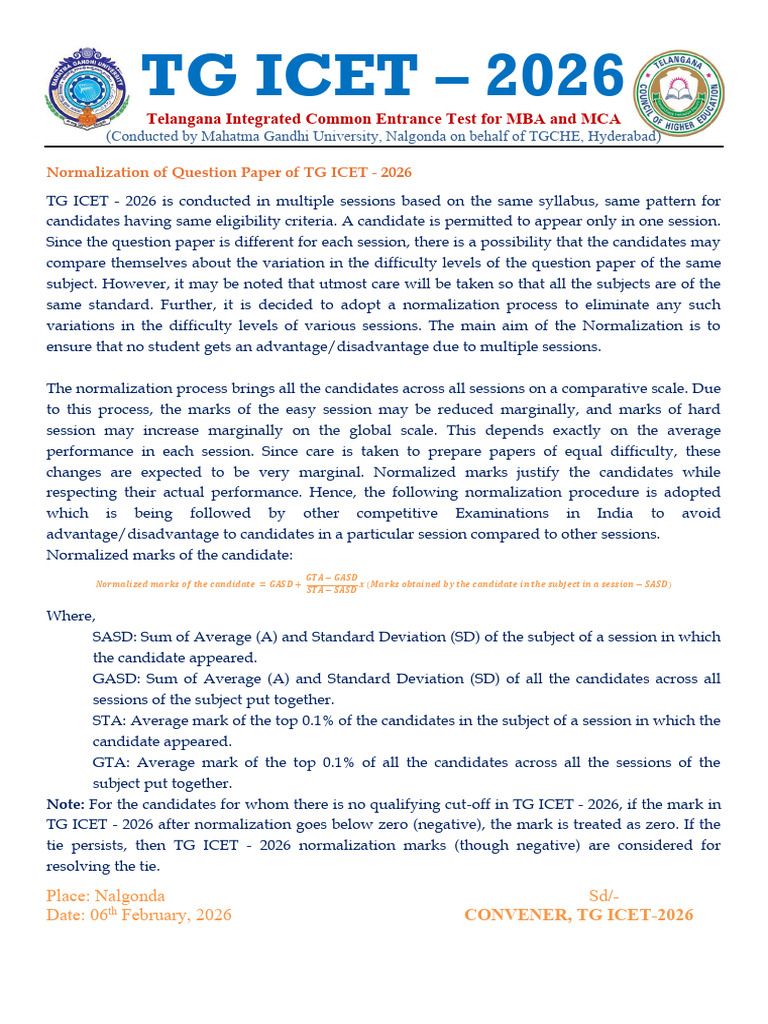 TG ICET - 2026 Normalization of Question Paper | PDF